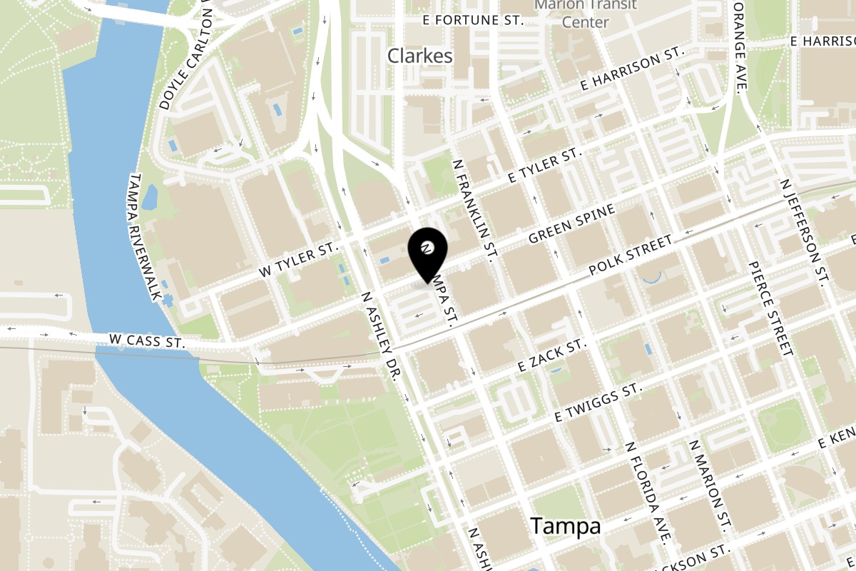 Map showing the location of Allan's Falafel Food Truck on 874 N Tampa St in Tampa