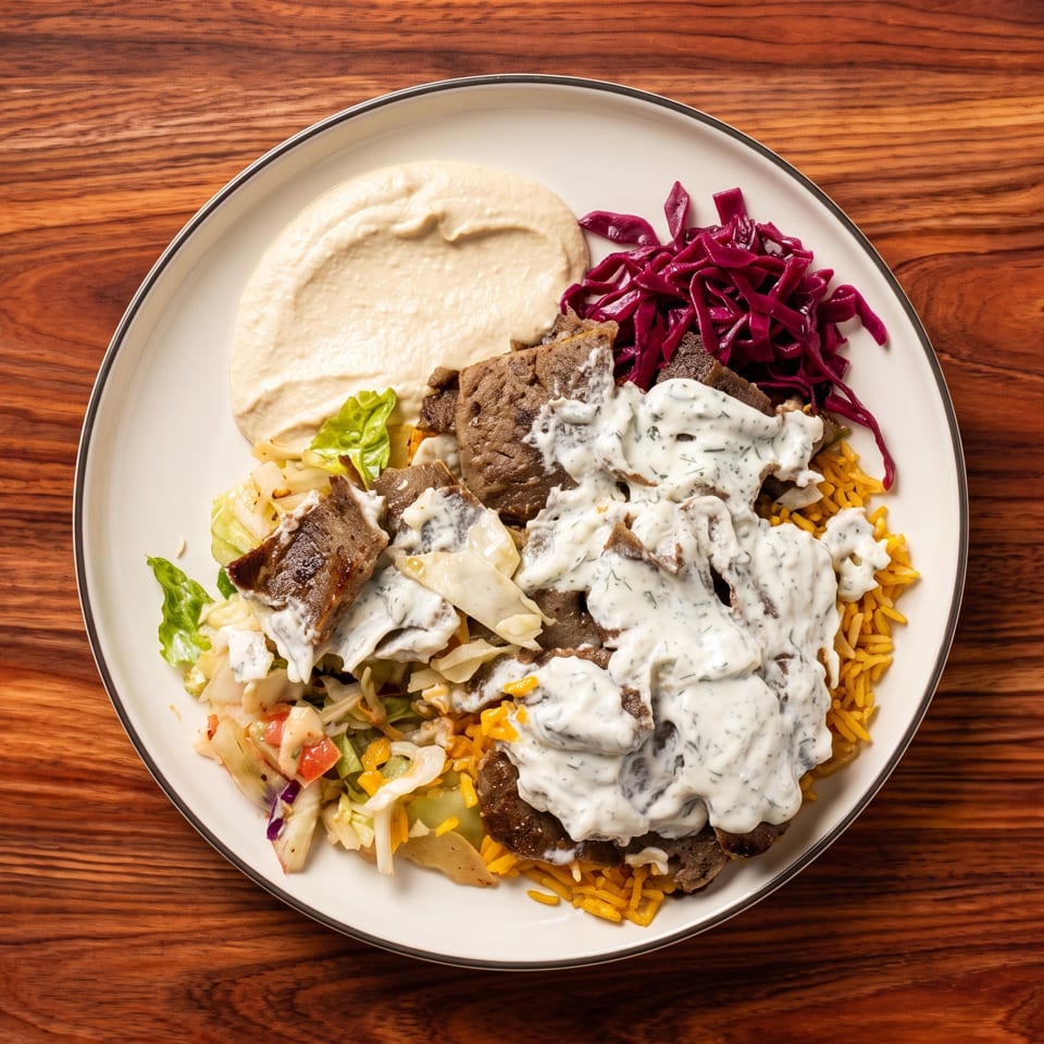 Greek-style platter with sliced meat, creamy tzatziki, yellow rice, hummus, salad, and pickled cabbage on a white plate.