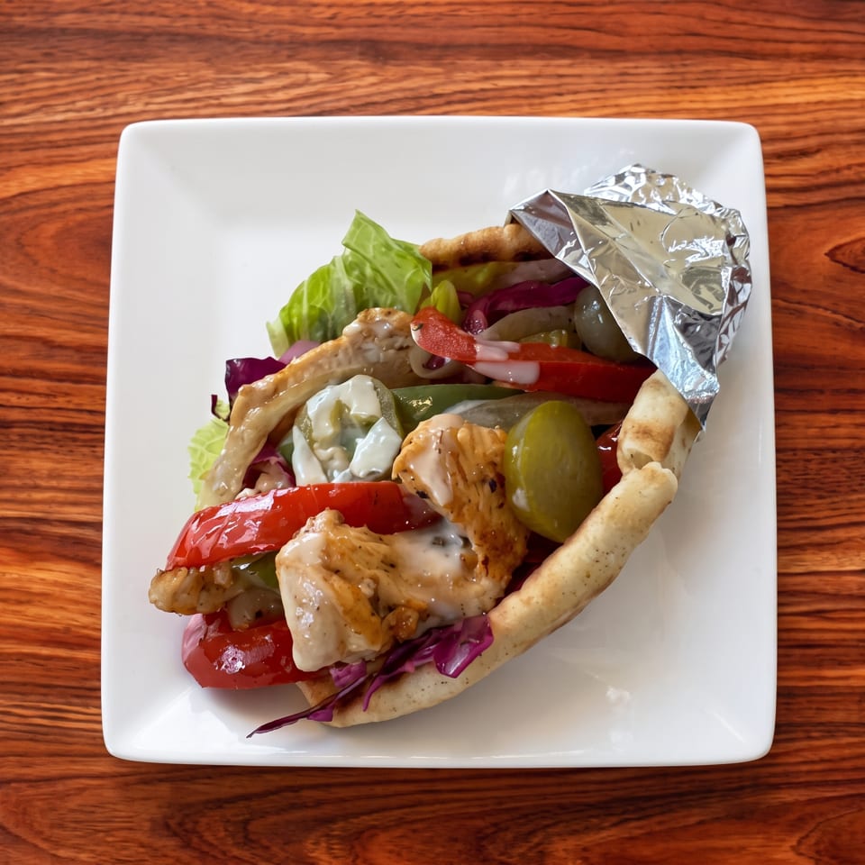 Greek-style chicken gyro with pita, lettuce, tomatoes, onions, cabbage, olives, and creamy sauce on a white plate.