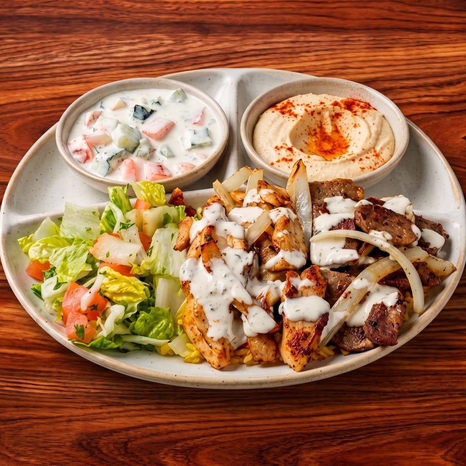 Mediterranean platter with grilled chicken and beef, salad, hummus, creamy vegetable salad, onions, and garlic sauce.