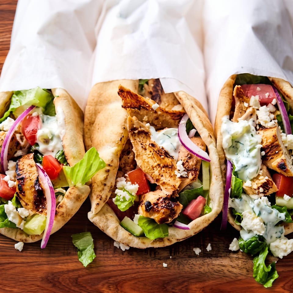 Three chicken gyros in pita bread with lettuce, tomatoes, red onion, feta, and creamy sauce on a wooden table.